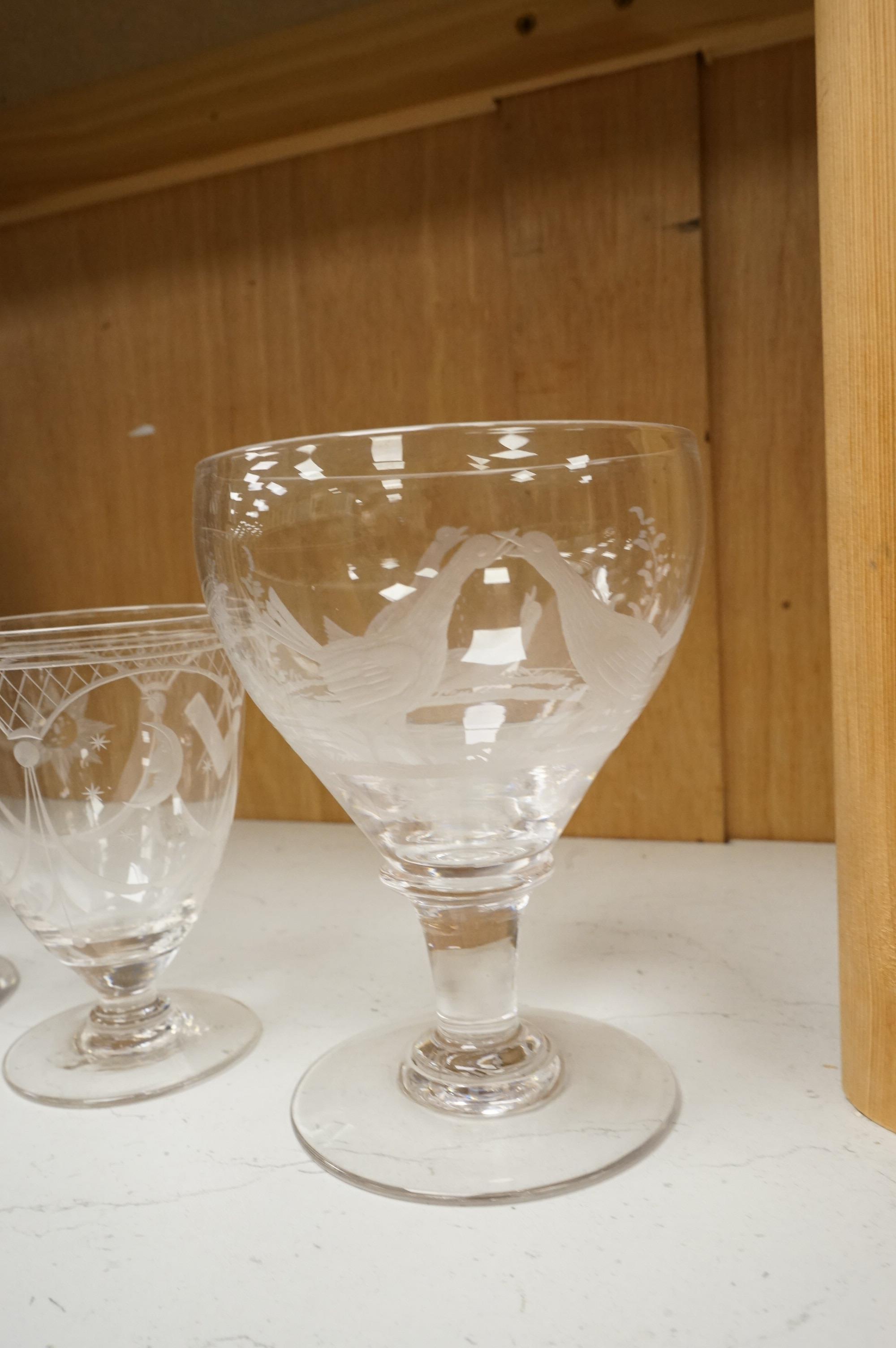 Two 19th century glass rummers and a smaller Masonic drinking glass, tallest 14cm